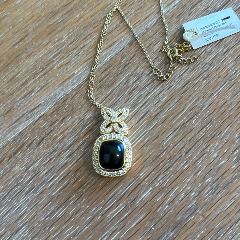 BCBGMaxAzria necklace with logo pendant gold and black with rhinestones